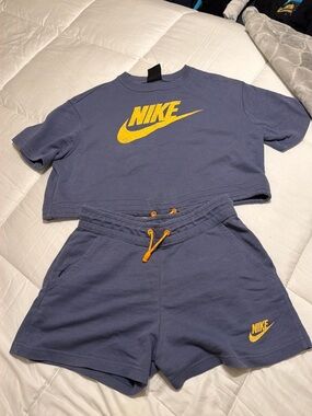 Nike Blue Cropped Tee and Shorts Set with Yellow Logo